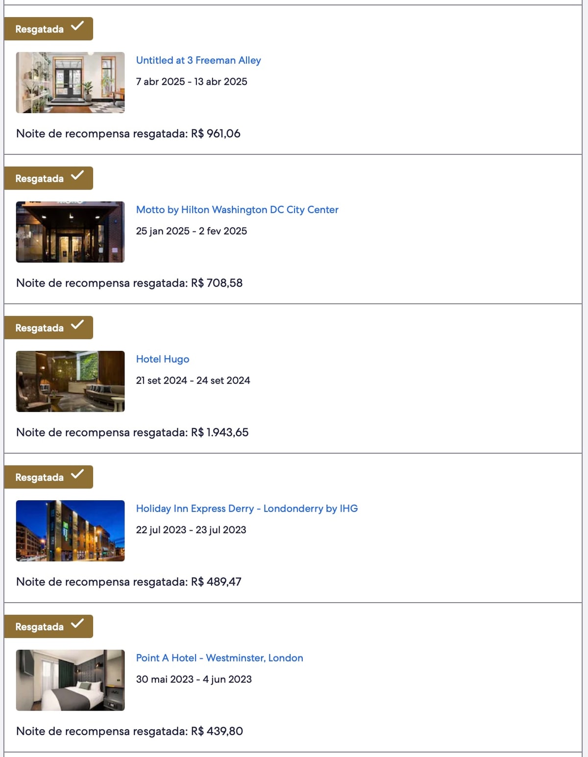 Nosso histórico de noites resgatadas no Hoteis.com